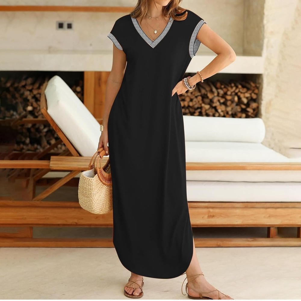 NWOT Maxi Cap Sleeve Dress V Neck Split Loose Side Pockets Casual Beach, Large